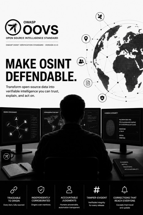 OOVS overview panel: an analyst reviewing three screens showing source provenance, a corroboration map, and evidence integrity with a SHA-256 file hash marked verified, above five principles — traceable to origin, independently corroborated, accountable judgments, tamper-evident, and corrections that reach everyone.