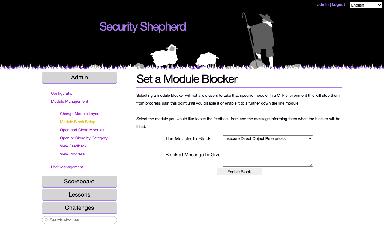 The Set a Module Blocker page: a list to choose the level to block, a Blocked Message to Give box, and an Enable Block button