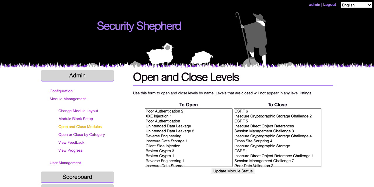 The Open and Close Levels page: a To Open list of closed levels and a To Close list of open levels, with an Update Module Status button