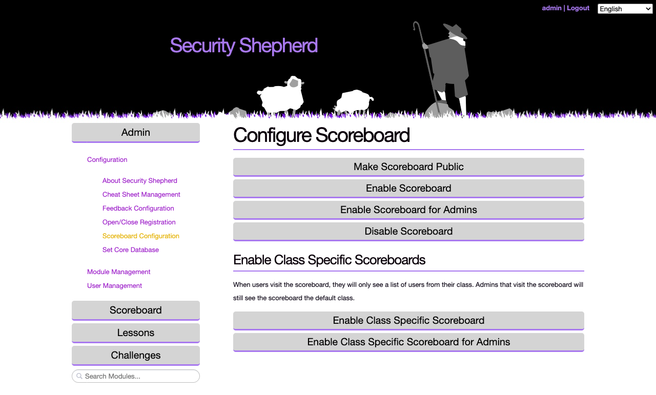 The Configure Scoreboard page: Make Scoreboard Public, Enable Scoreboard, Enable Scoreboard for Admins and Disable Scoreboard, then Enable Class Specific Scoreboard and Enable Class Specific Scoreboard for Admins