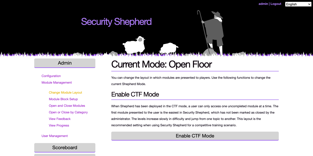 The Change Module Layout page: Current Mode: Open Floor, with an Enable CTF Mode button, and the Module Management menu open on the left