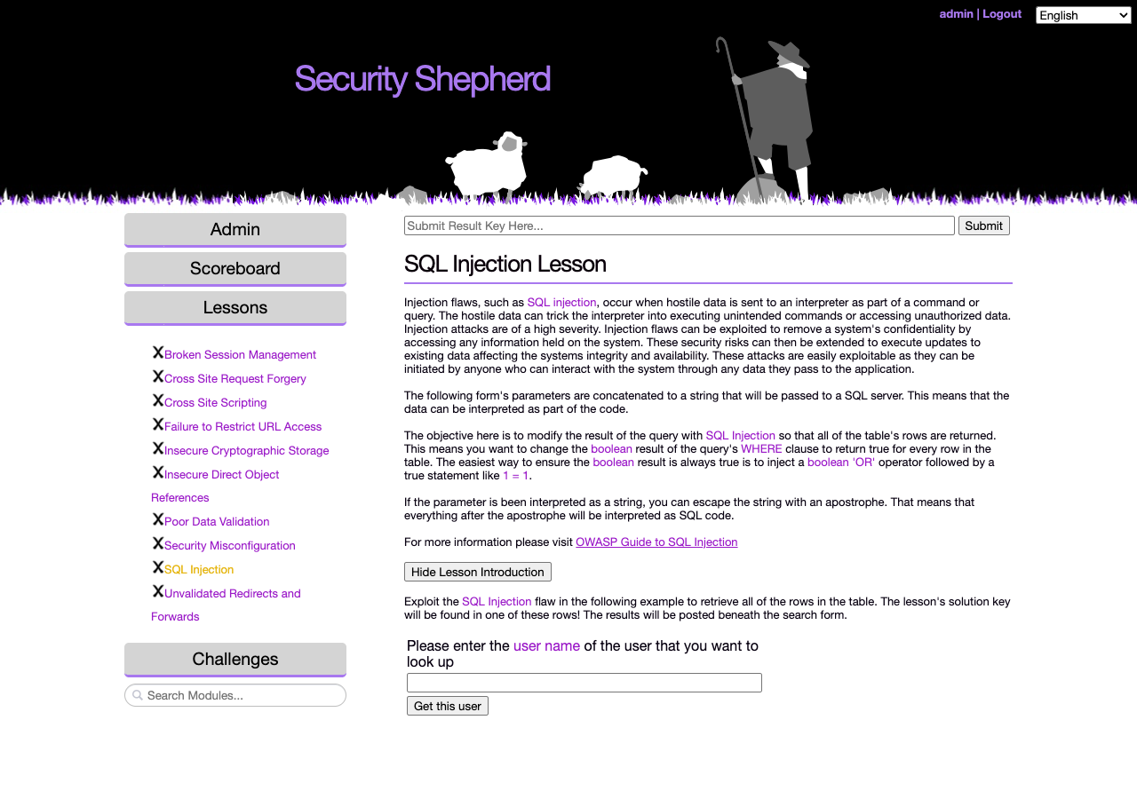 The SQL Injection lesson: an explanation of the vulnerability, a form to try it on, and the Submit Result Key box at the top