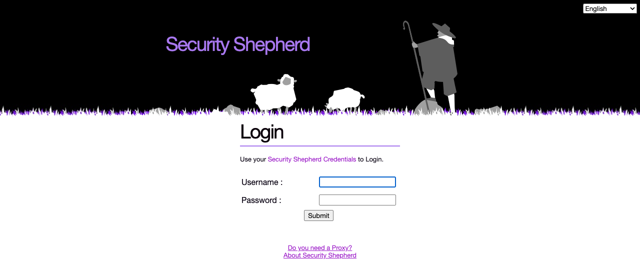 The Security Shepherd login page, with Username and Password fields
