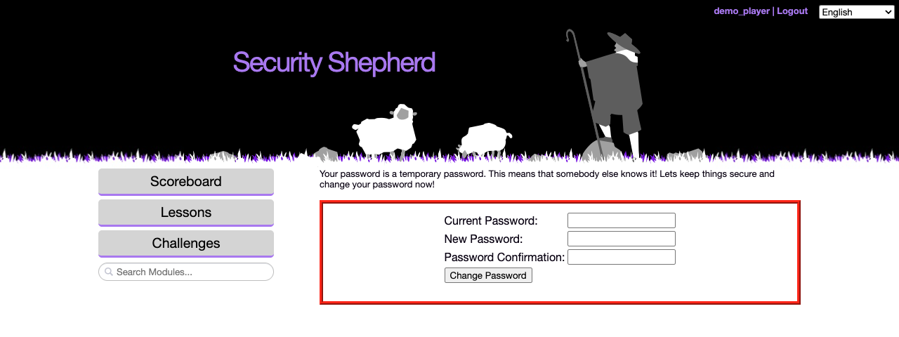 A player's first login: a message that the password is temporary, with Current Password, New Password and Password Confirmation fields
