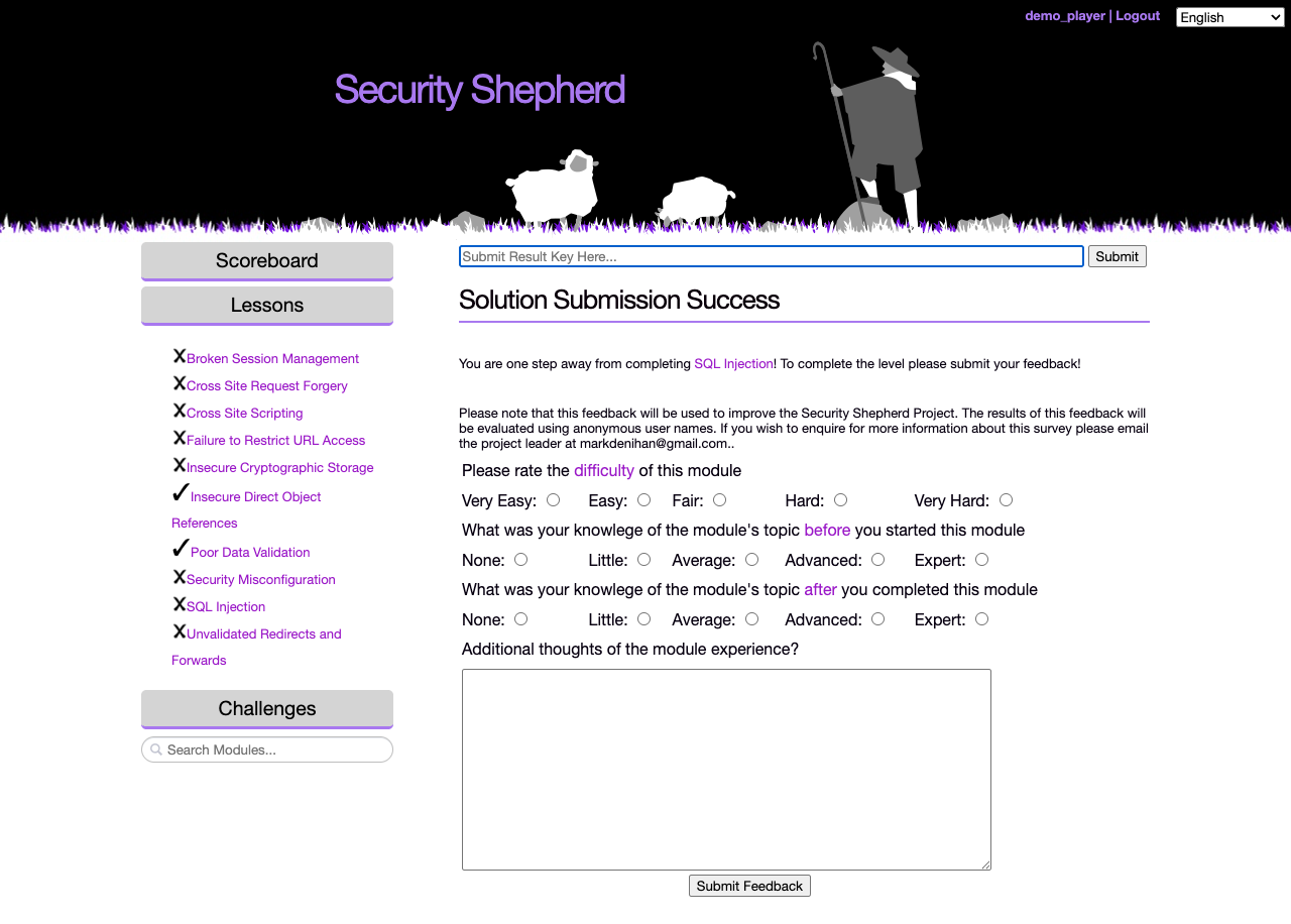 After a correct result key: Solution Submission Success, and a feedback form with ratings for difficulty and knowledge before and after, a comments box and a Submit Feedback button