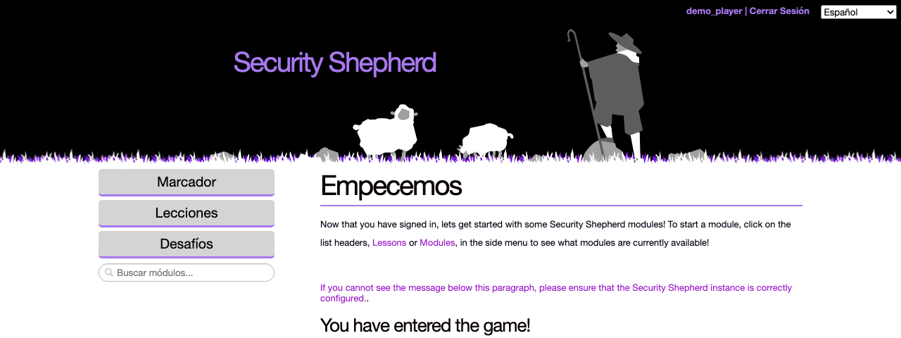 The start page in Spanish: the menu reads Marcador, Lecciones and Desafíos, and the heading Empecemos
