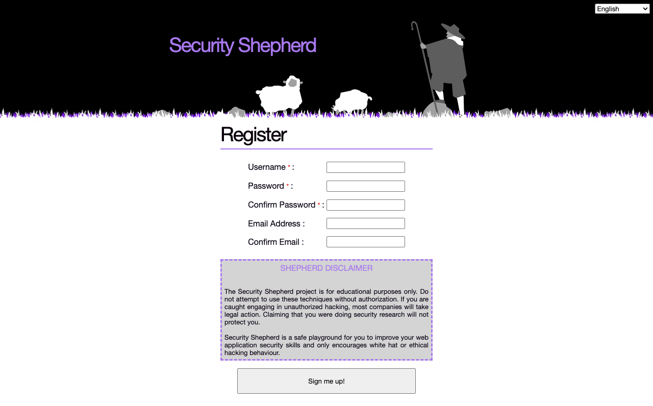 The Register page: Username, Password, Confirm Password, Email Address and Confirm Email fields, a disclaimer, and a Sign me up! button