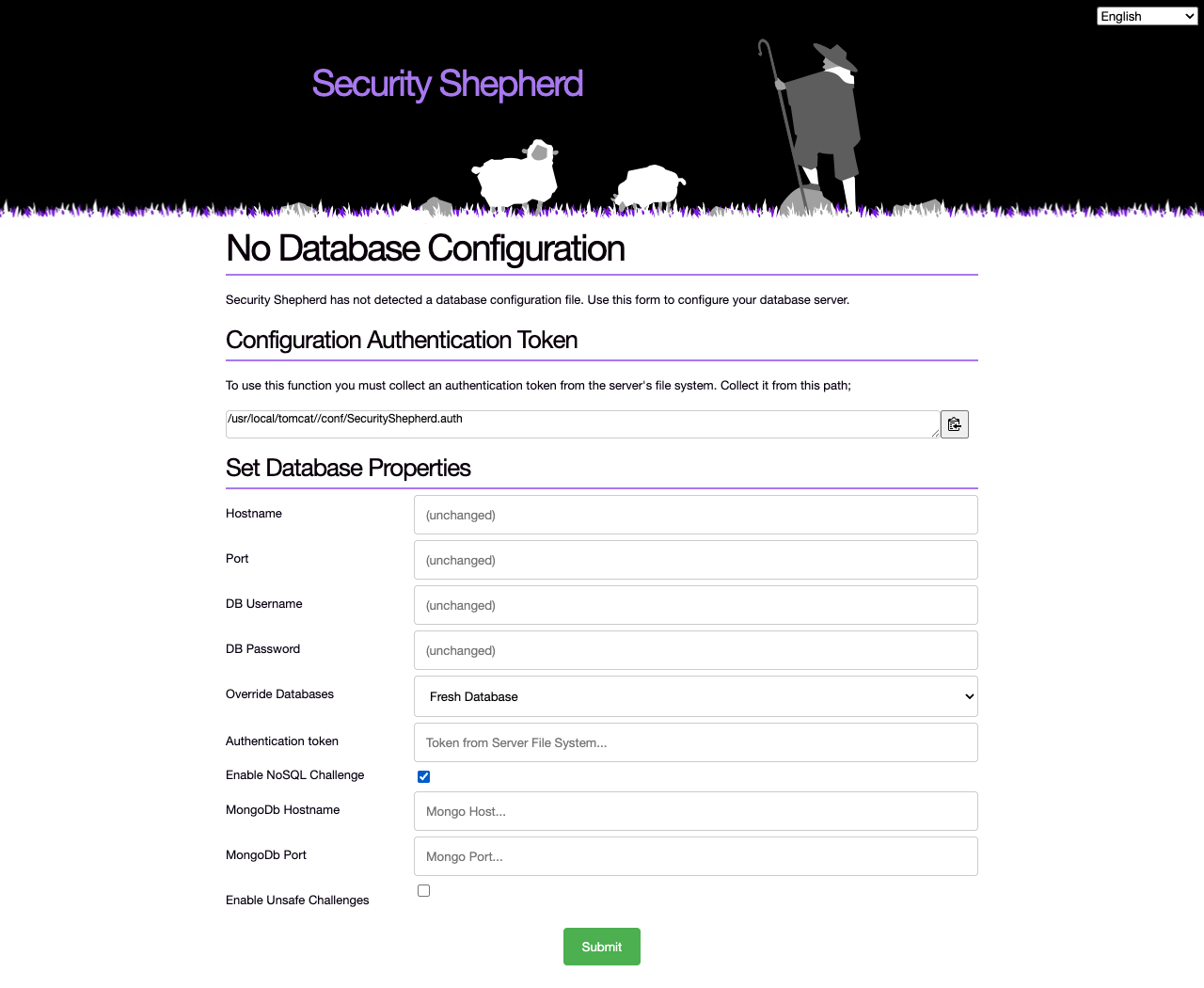 The No Database Configuration page: the path of the authentication token, then fields for the database hostname, port, username and password, Override Databases, the authentication token, Enable NoSQL Challenge with the MongoDB hostname and port, and Enable Unsafe Challenges