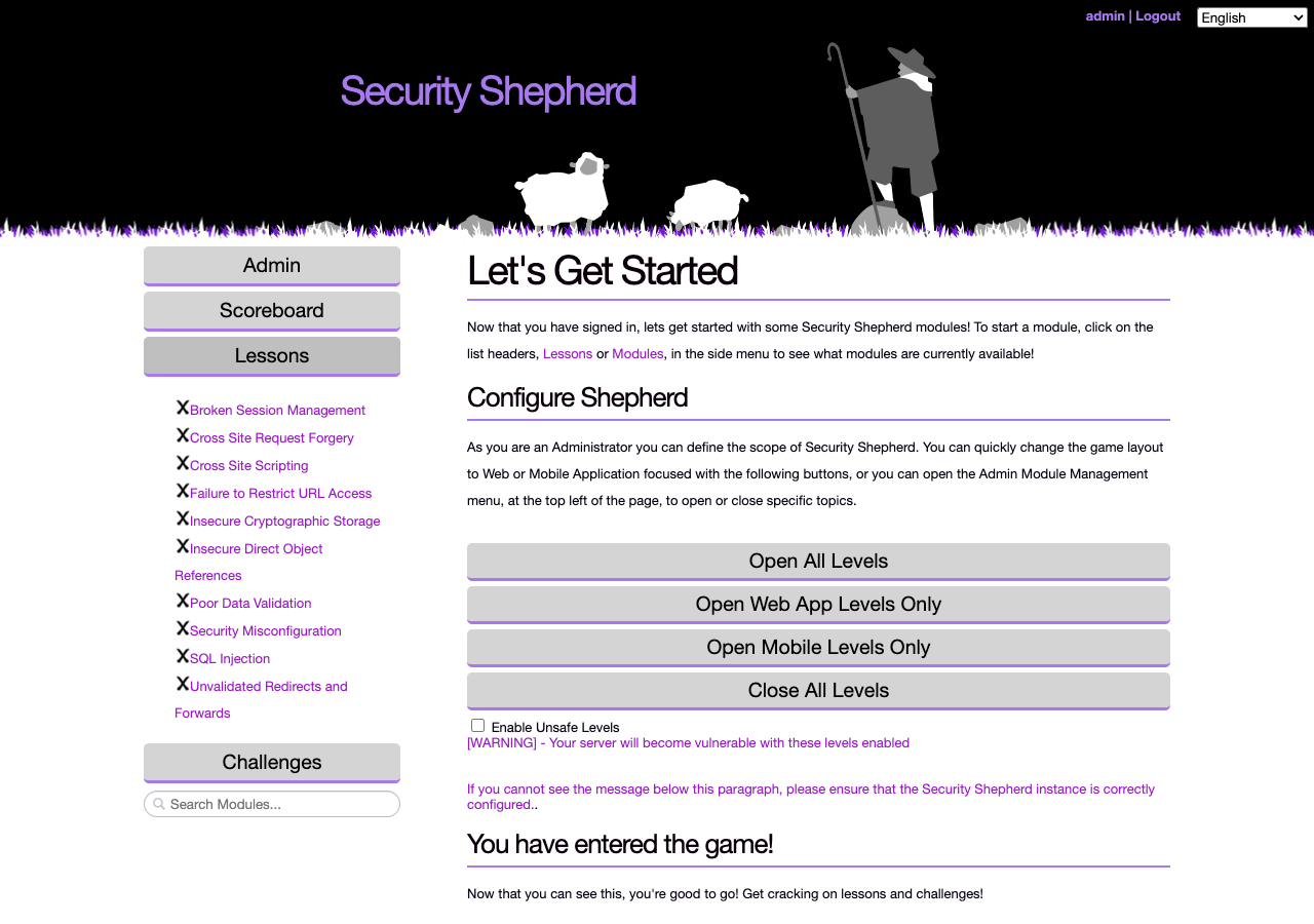 The admin start page: the left menu has Admin, Scoreboard, Lessons and Challenges, with the lessons listed, and Configure Shepherd has buttons to open or close levels