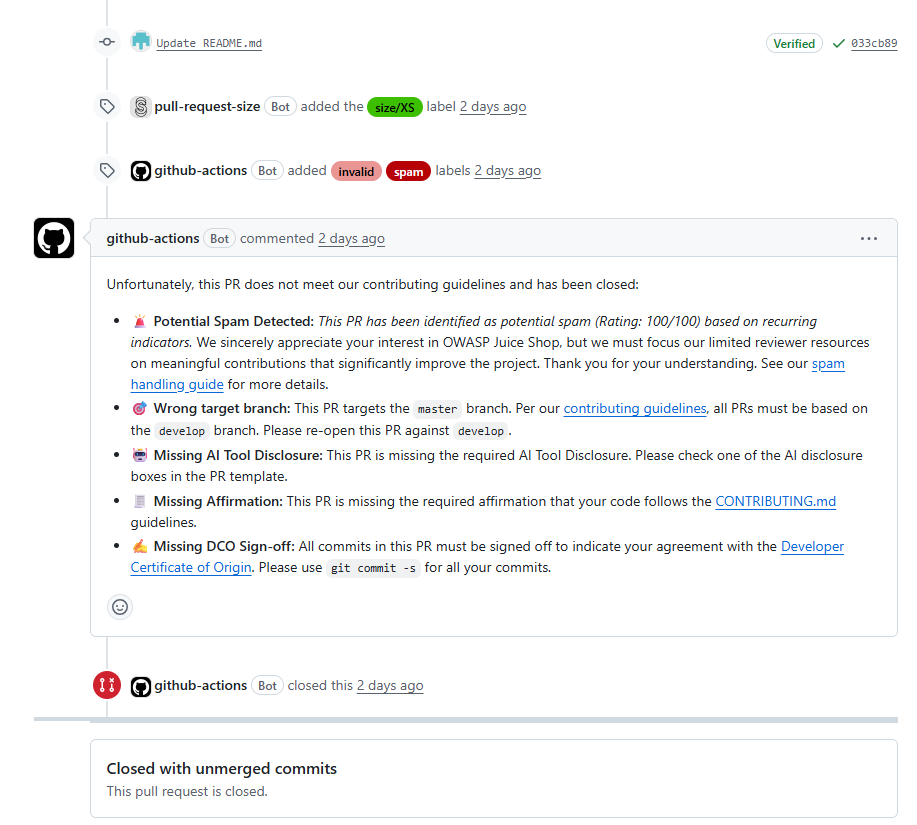 Comment on a PR closed by out spam detection workflow