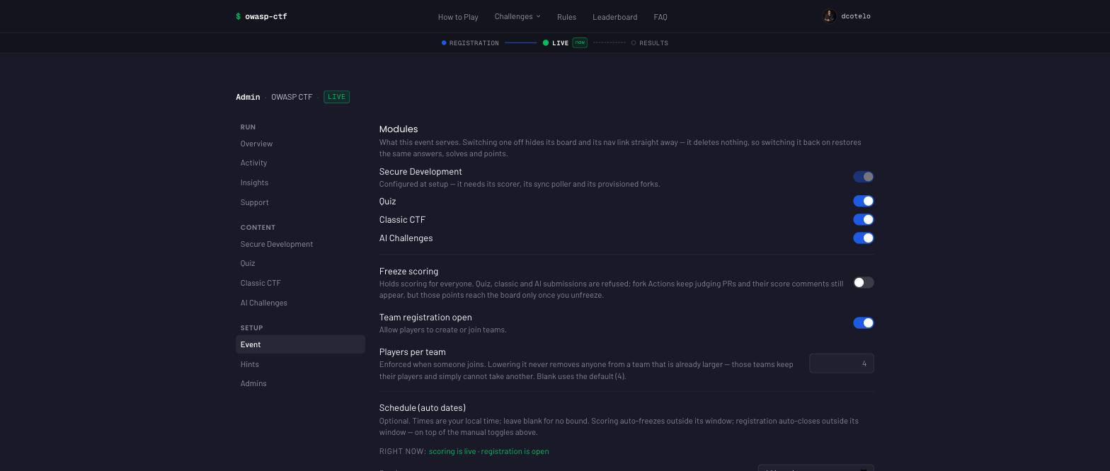 The admin panel's Event tab: the per-module switches, the freeze and team-registration toggles, the players-per-team cap, and the schedule fields with a live "right now: scoring is live" readout