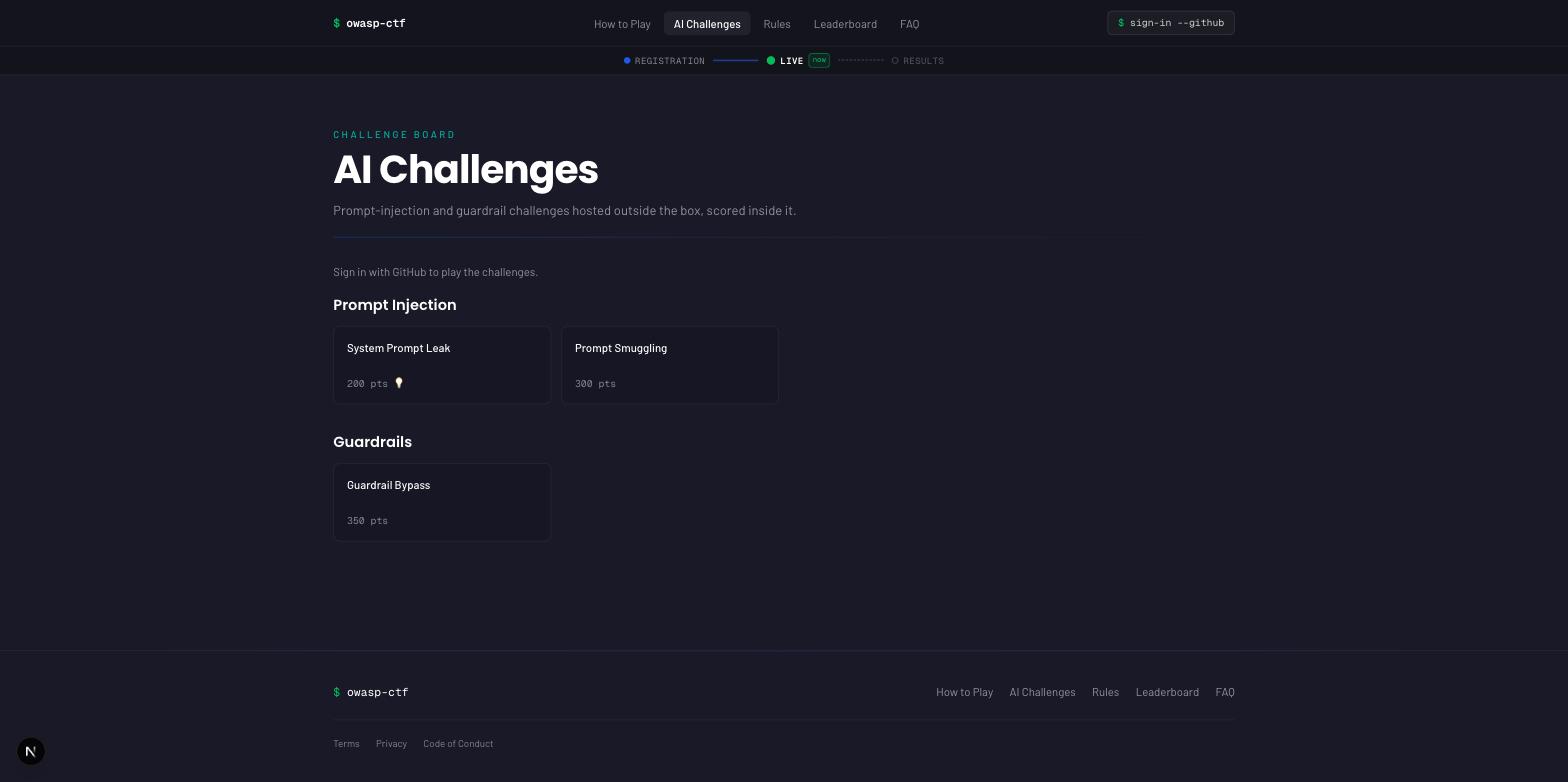 The AI challenge board: category-grouped tiles with point values and paid-hint markers; each tile opens the challenge page with its personal launch link